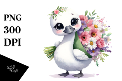 Cute Happy Swan Standing with Flower Bouquet | Clipart Product Image 1