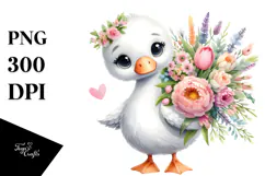 Cute Happy Swan Standing with Flower Bouquet | Clipart Product Image 1