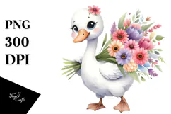 Cute Happy Swan Standing with Flower Bouquet | Clipart Product Image 1