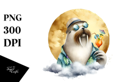 Walrus in Beachwear Drinking Cocktail PNG Product Image 1