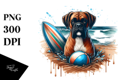 Watercolor Boxer on Sand with Surf and Ball | Clipart Product Image 1