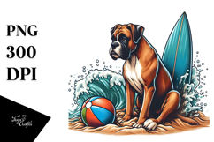 Watercolor Boxer on Sand with Surf and Ball | Clipart Product Image 1