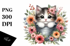 Watercolor Cat with Flowers PNG Product Image 1