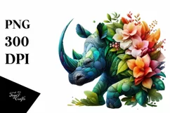 Rhino with 3D Flowers, Transparent PNG Product Image 1