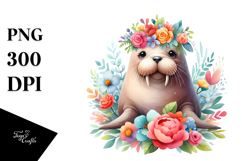 Cute Cartoon-Style Walrus Sitting on Flower | Clipart Product Image 1