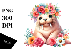 Cute Cartoon-Style Walrus Sitting on Flower | Clipart Product Image 1