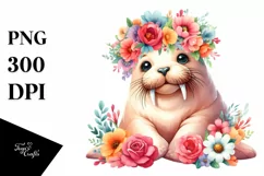 Cute Cartoon-Style Walrus Sitting on Flower | Clipart Product Image 1