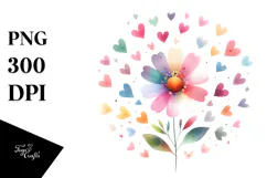 Simple Flower with Hearts Watercolor PNG Product Image 1