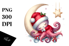 Cute Baby Octopus Christmas Moon PNG Product Image 1