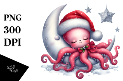 Cute Baby Octopus Christmas Moon PNG Product Image 1