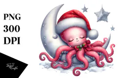 Cute Baby Octopus Christmas Moon PNG Product Image 1
