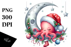 Cute Baby Octopus Christmas Moon PNG Product Image 1