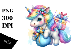 colorful Baby Unicorn with Sack of Gifts Product Image 1