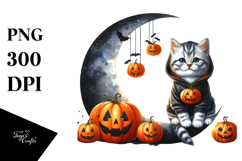 Watercolor Kitten Halloween Moon PNG Product Image 1