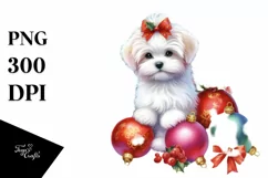 Watercolor Maltese with Christmas Decorations, PNG Product Image 3