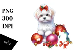 Watercolor Maltese with Christmas Decorations, PNG Product Image 1