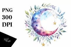Vibrant Watercolor Moon with Foliage Stars Product Image 1