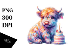 colorful Baby Highland Cow with Cake Product Image 1