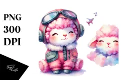 Watercolor Pink-ish Smiling Cute Lamb Sleeping in Aviator Product Image 1