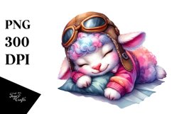 Watercolor Pink-ish Smiling Cute Lamb Sleeping in Aviator Product Image 1
