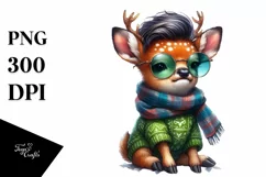 Proud Deer Posed Sitting, Winter Attire Watercolor PNG Product Image 3