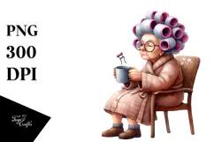 Old Lady with Hair Curlers and Mug | Clipart Product Image 1