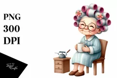 Old Lady with Hair Curlers and Mug | Clipart Product Image 1