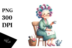 Old Lady with Hair Curlers and Tea Cup | Clipart Product Image 1