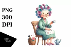 Old Lady with Hair Curlers and Tea Cup | Clipart Product Image 3