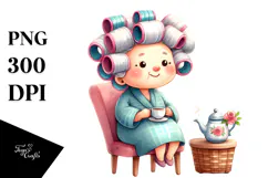 Old Lady with Hair Curlers and Tea Cup | Clipart Product Image 1