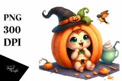 Funny Halloween Pumpkin, Watercolor PNG Product Image 1