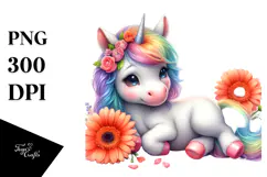 Watercolor Baby Unicorn Gerbera Clipart Product Image 1