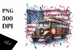 Vintage Rusted Bus with USA Flag | Sublimation Clipart Product Image 1