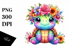 Cartoon Turtle with Flower Crown, Colorful Watercolor PNG Product Image 3