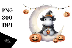 Watercolor Hippo Halloween Moon PNG Product Image 1