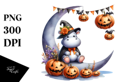 Watercolor Hippo Halloween Moon PNG Product Image 1