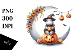 Watercolor Hippo Halloween Moon PNG Product Image 1