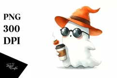 Cute Ghost with Sunglasses Holding Coffee PNG Product Image 1
