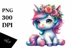 Sitting Unicorn with Floral Wreath, Vibrant Watercolor PNG Product Image 1
