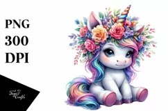 Sitting Unicorn with Floral Wreath, Vibrant Watercolor PNG Product Image 3