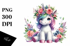 Sitting Unicorn with Floral Wreath, Vibrant Watercolor PNG Product Image 3
