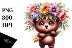 Watercolor Baby Bear Holding Flower Bouquet | Summer Clipart Product Image 3