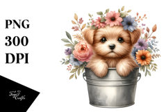 Watercolor Baby Dog in Flower Bucket, PNG Product Image 1