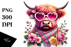 Pink Highland Cow with Heart Shaped Sunglasses, PNG Product Image 1