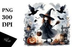 Washed Watercolor Halloween Witch, PNG Product Image 1