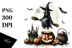 Washed Watercolor Halloween Witch, PNG Product Image 1