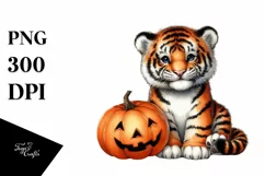 Baby Tiger Holding Halloween Pumpkin PNG Product Image 1
