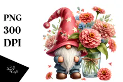 Cute GNOME with Zinnia Floral Frame PNG Product Image 1