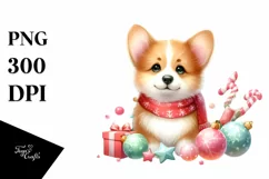 Pastel Pembroke Welsh Corgi with Christmas Decorations, PNG Product Image 1