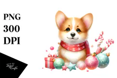 Pastel Pembroke Welsh Corgi with Christmas Decorations, PNG Product Image 1